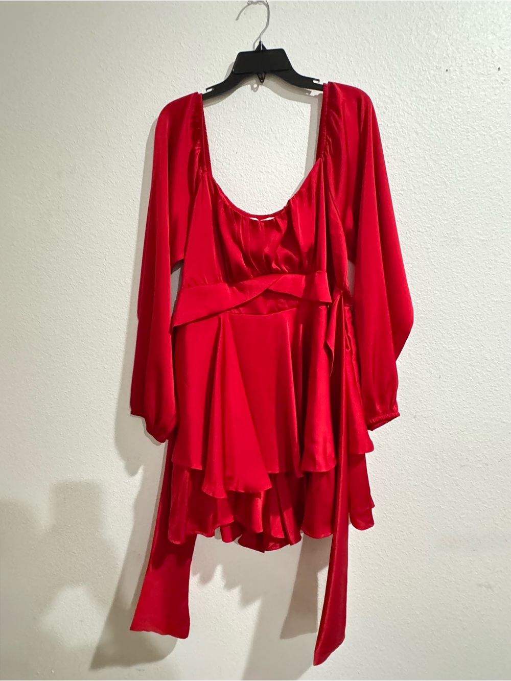 Altar'd State Red Satin V-Neck Tiered Long Sleeve Romper
